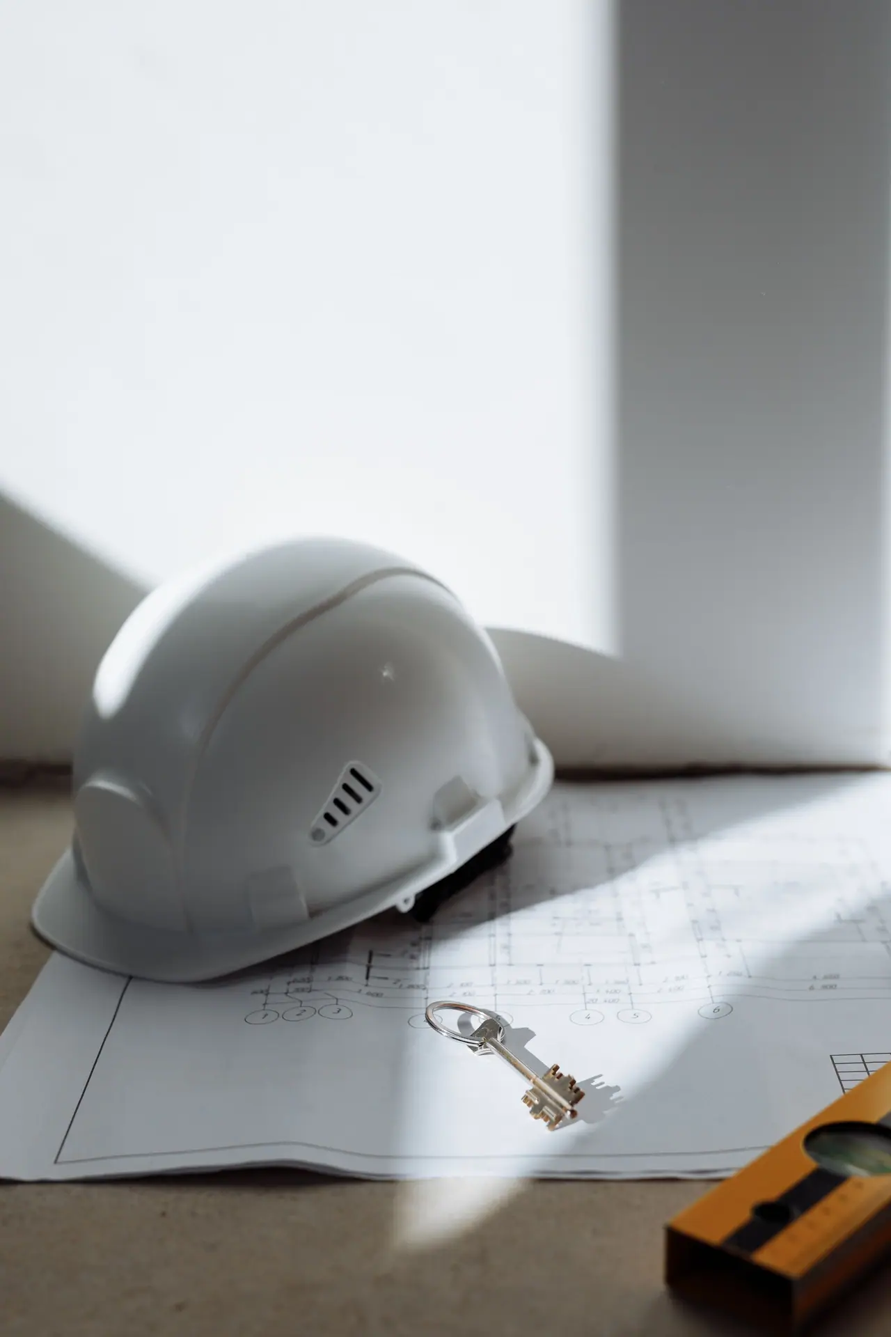 Un casque de chantier et un trousseau de clés posés sur des plans.